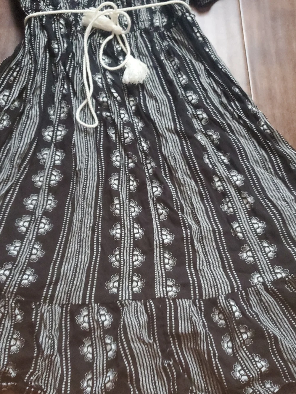 Black & White Smocked Boho Dress with Tassel Belt Size Small